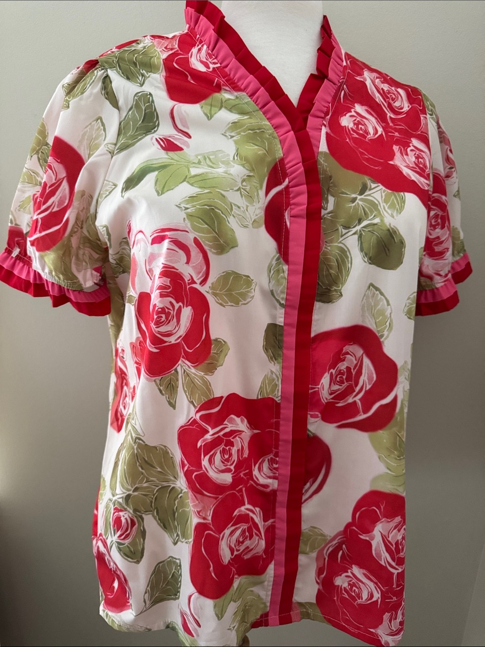 Cherrybetty Rose Double Ruffle V-Neck Popover Blouse